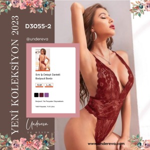 Sırtı İp Detaylı Dantelli  Bodysuit Bordo